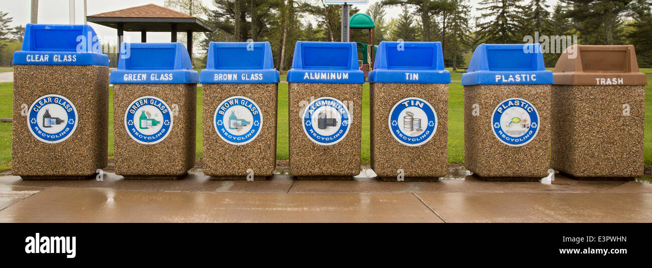 Superior, Wisconsin - Recycling containers at a highway rest stop. Stock Photo
