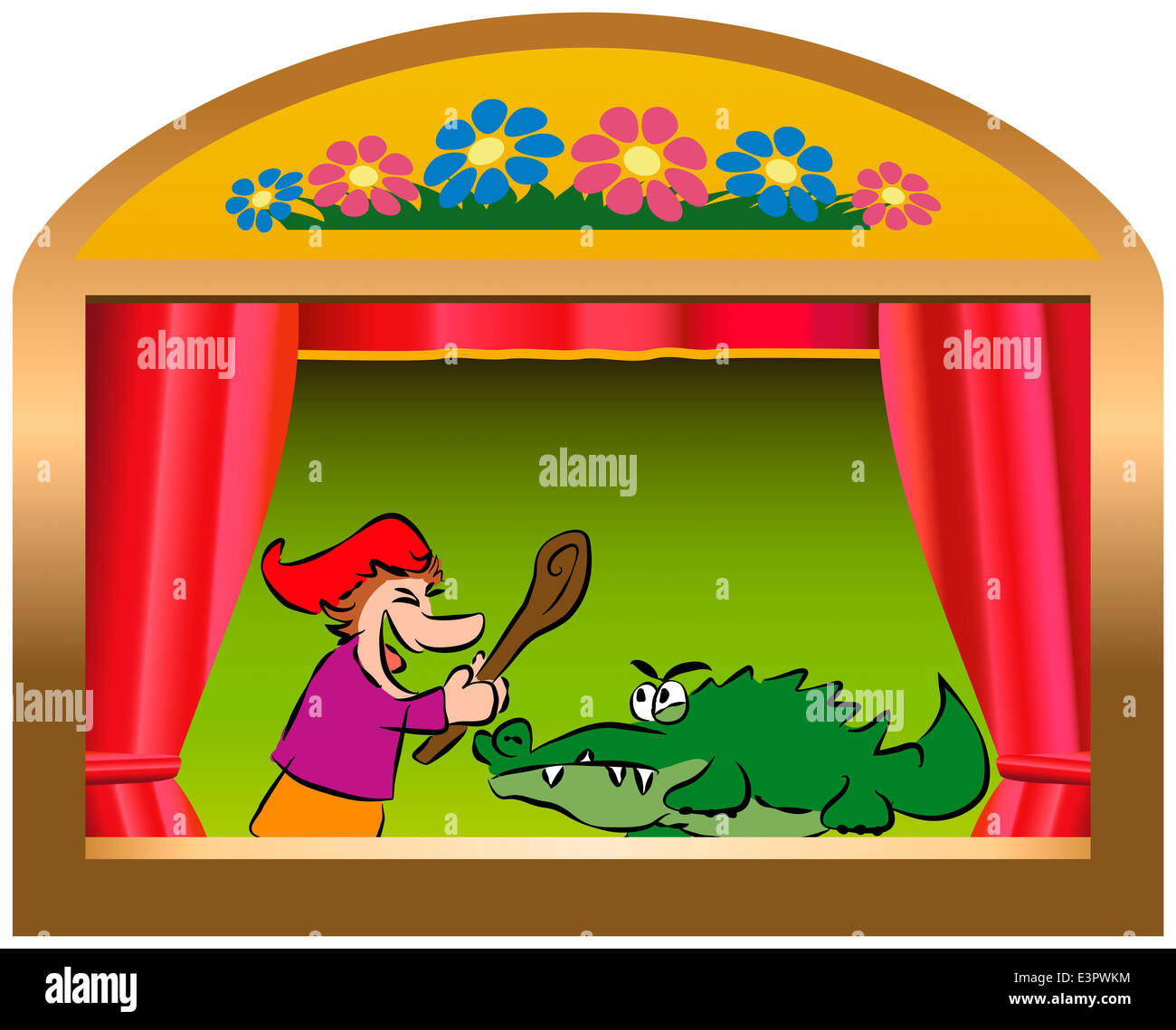 Punch fights the bad crocodile - a traditional, popular puppet show. Stock Photo
