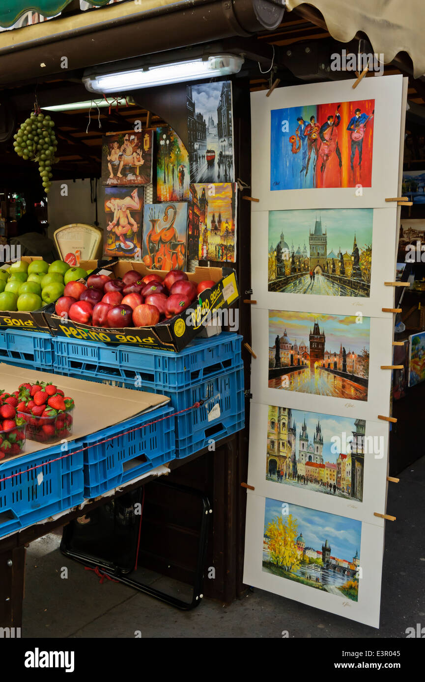 Fresh fruits and paintings on sale in the Havel street market, Prague