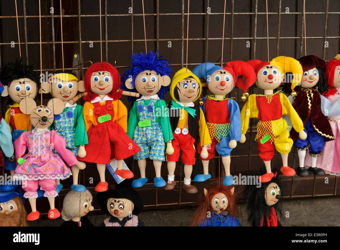 Small brightly coloured puppets on sale in Prague, Czech Republic. Stock Photo