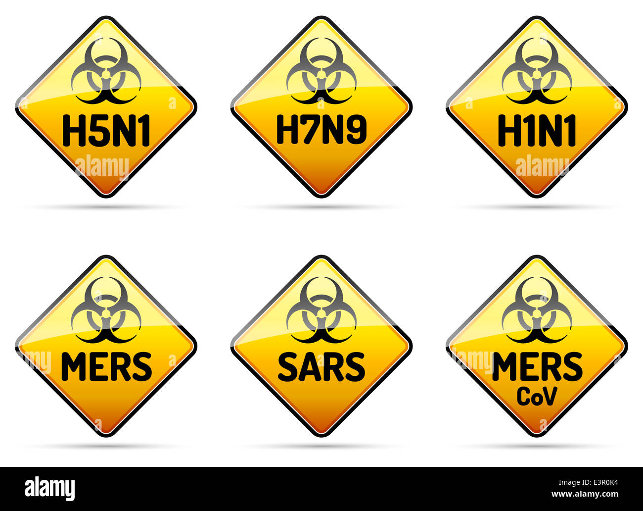MERS SARS H5N1 Biohazard virus warning sign collection with reflect and shadow on white background Stock Photo