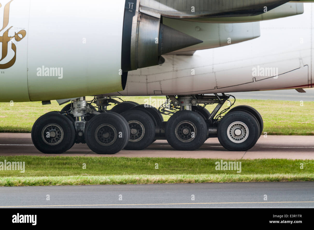 Side view of an Emirates Airbus A380 aircrafts engines and landing gear Stock Photo