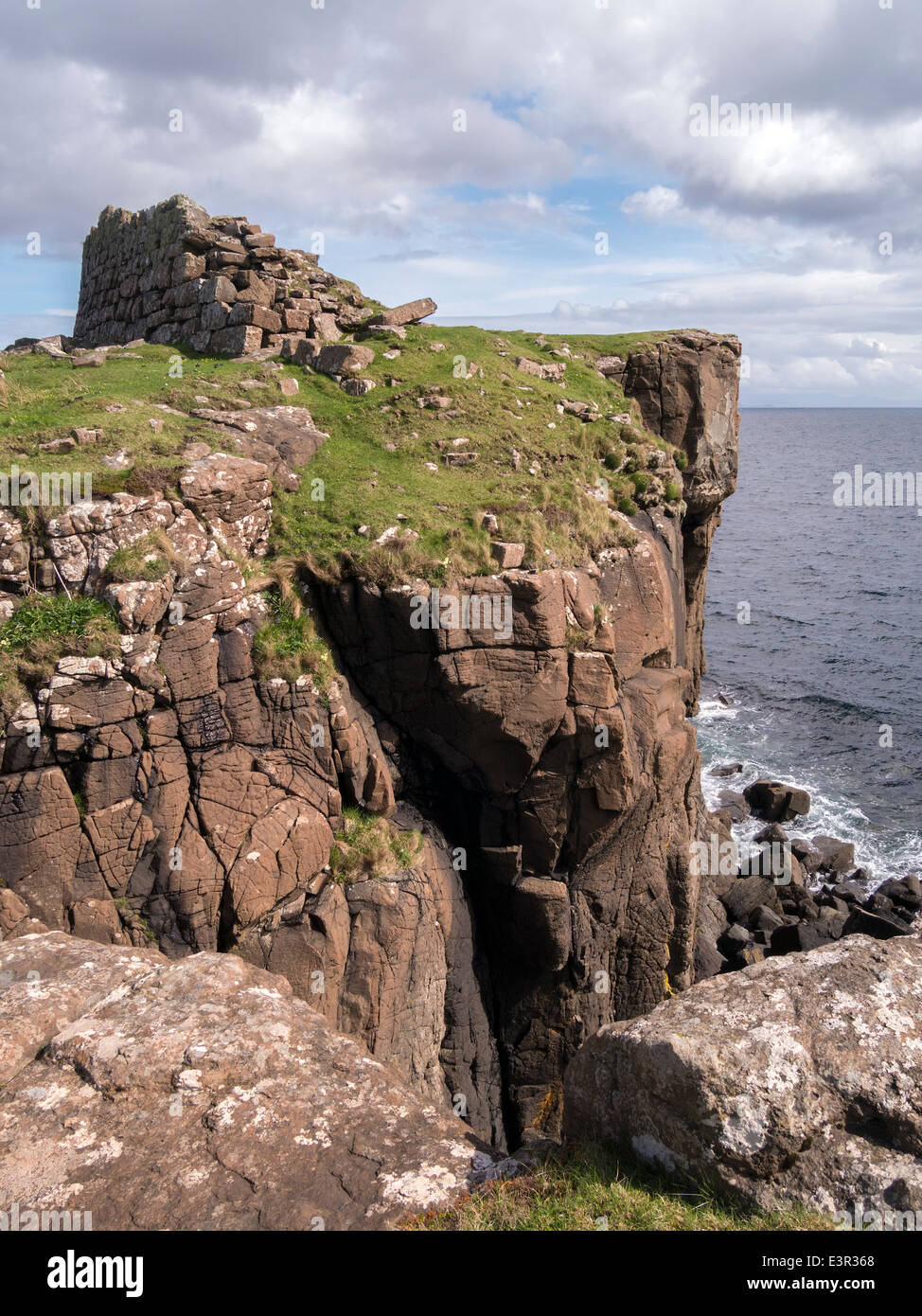 Ruins of ancient Scottish coastal promontory fort ( Dun ) at Rubha an Dunain headland, Glenbrittle, Isle of Skye, Scotland, UK Stock Photo