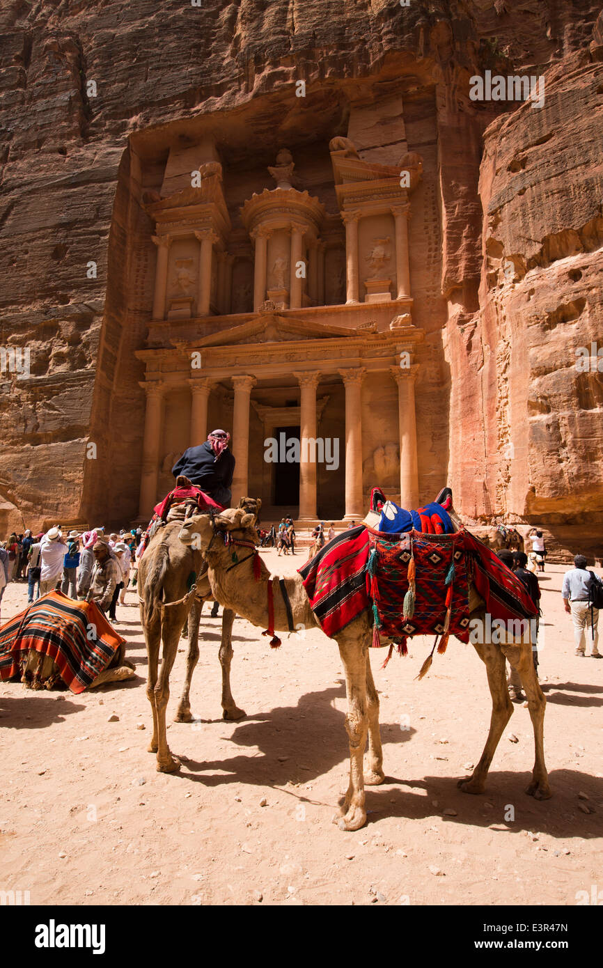 Jordan, Arabah, Petra, camels waiting to give tourists ride at Treasury, Khazneh Al Firaun Stock Photo