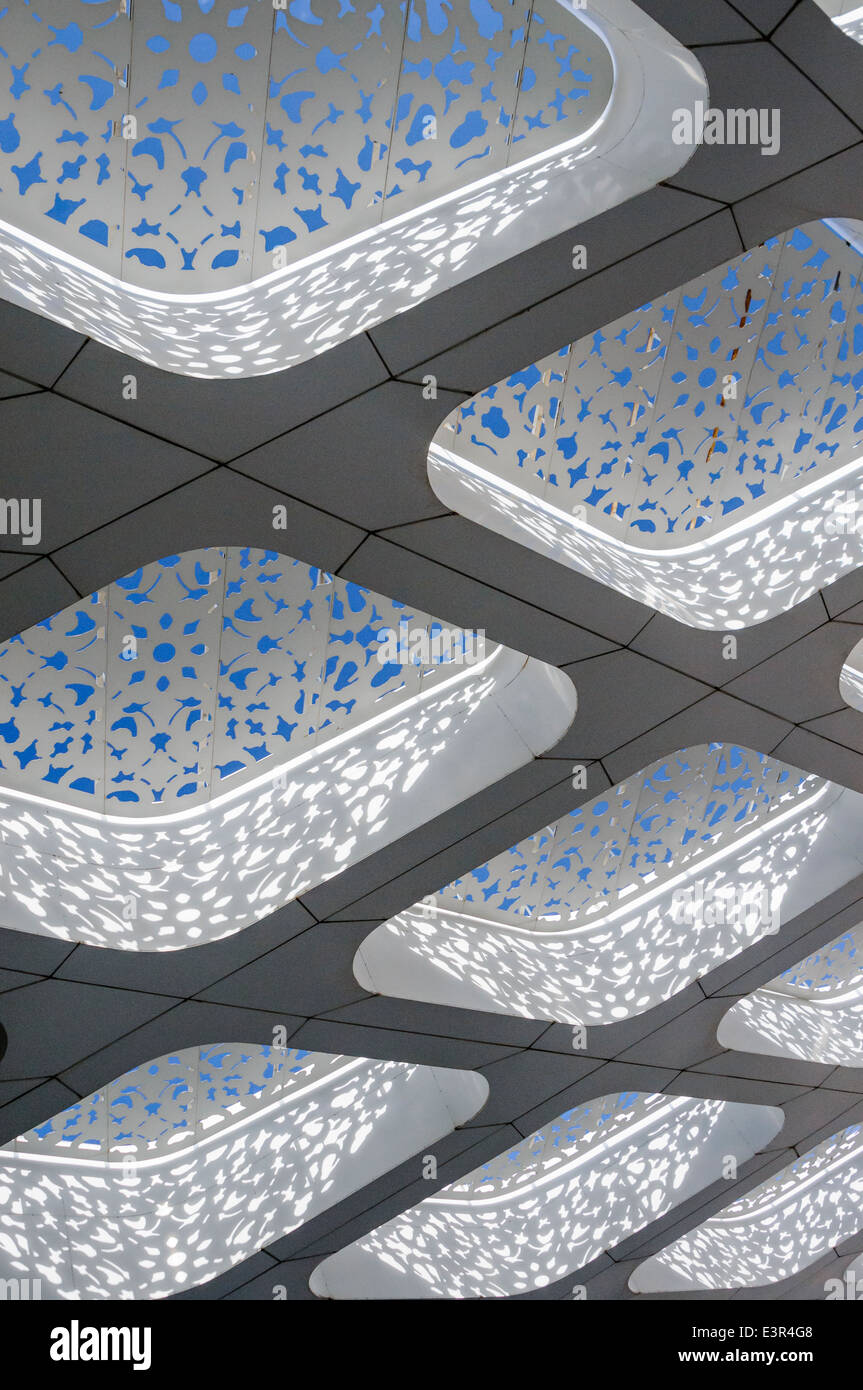 Ornate fretwork in plaster on the roof covering over the arrivals entrance of Marrakech Maroc Menara Airport, Morocco Stock Photo