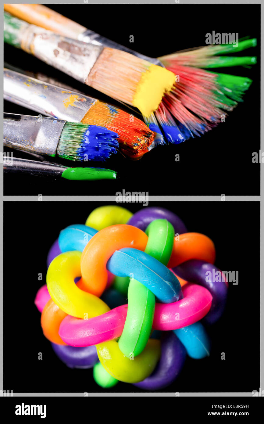 colorful paint brushes and knot rubber ball Stock Photo Alamy