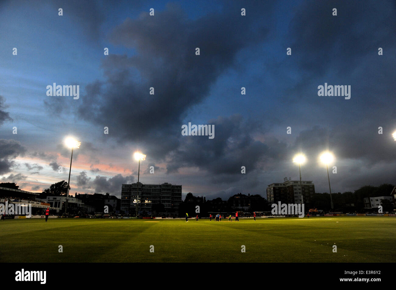 Hove, UK. 27th June, 2014.   Sussex Sharks v Middlesex Panthers T20 Blast match at Hove Sussex Sharks cruise to an easy victory over the Middlesex Panthers under a moody sky and the floodlights at Hove tonight Stock Photo