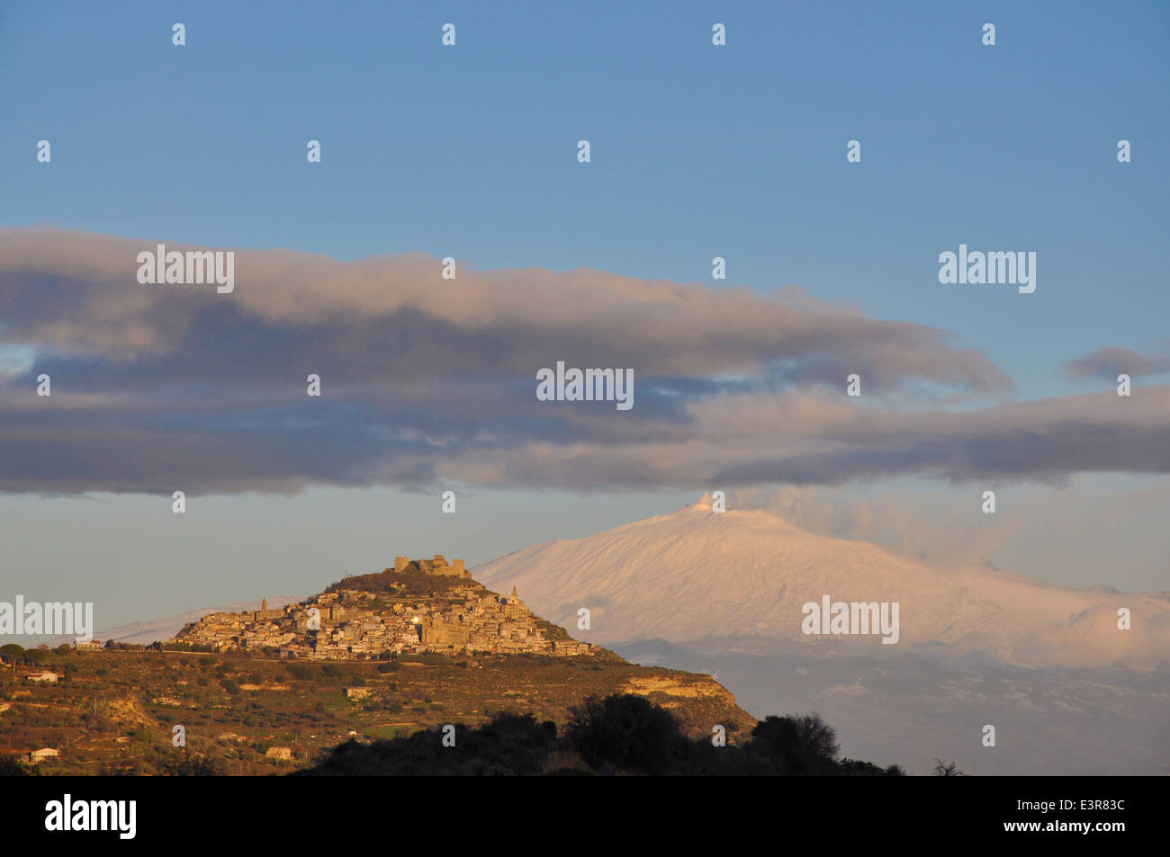 Agira, Enna, sunset Volcano Etna in the background, Sicily, Italy Stock Photo