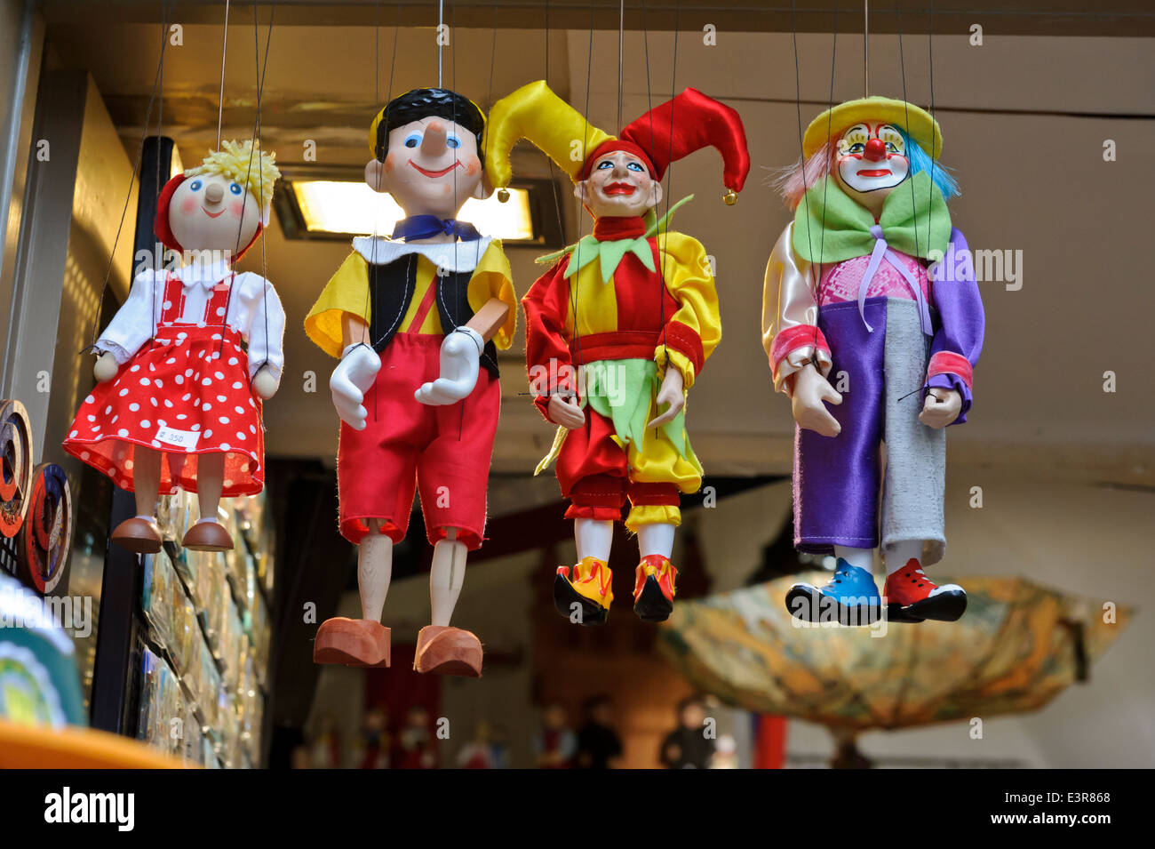 Small brightly coloured puppets on sale in Prague, Czech Republic. Stock Photo
