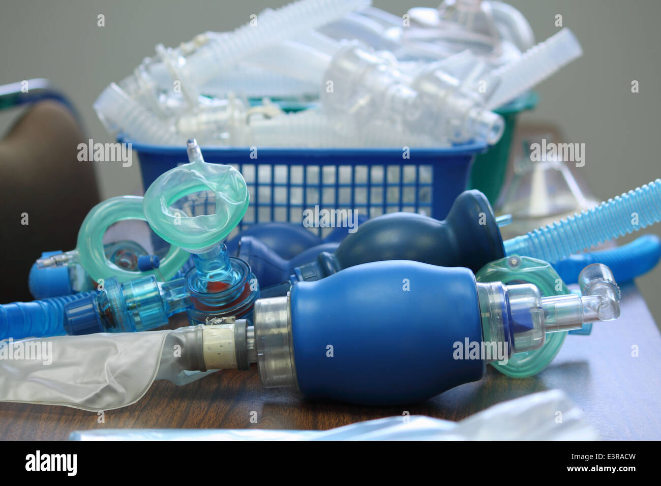 Respirator and supplies on a table for cpr training class. Stock Photo