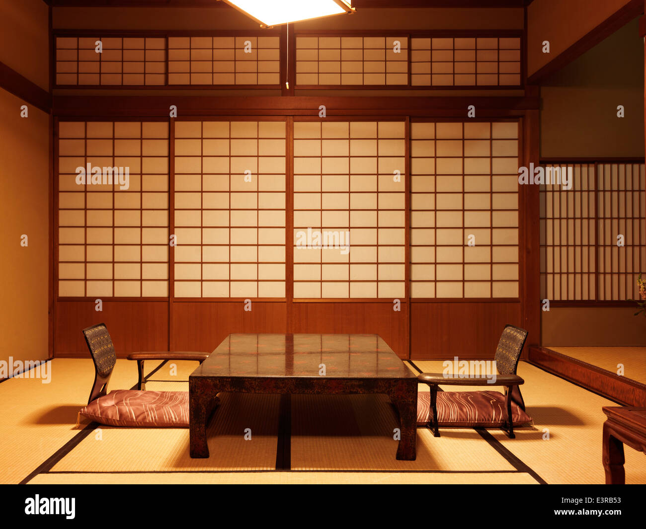 Japanese tea table chabudai and zaisu chairs Stock Photo