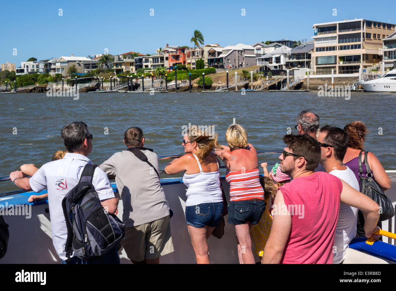 Brisbane Australia,Queensland Brisbane River water,New Farm,waterfront,residences,QueenslandFerries,Ferries,TransLink,Trans Link,CityCat,ferry,boat,pu Stock Photo