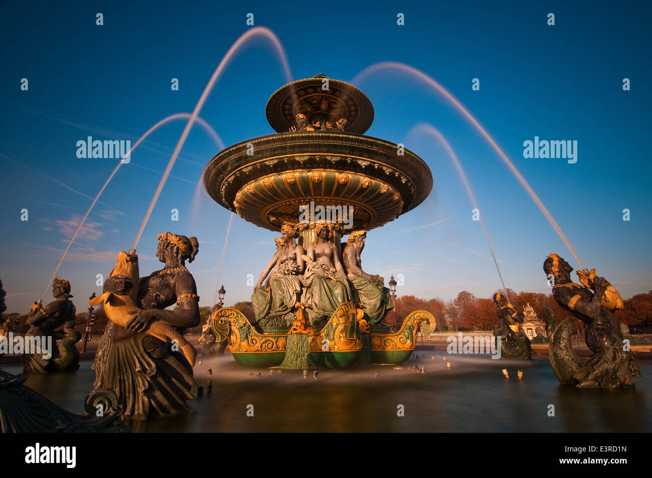 Early morning light on a fountain from the year 1840 on the Place de la Concorde, Paris, France Stock Photo