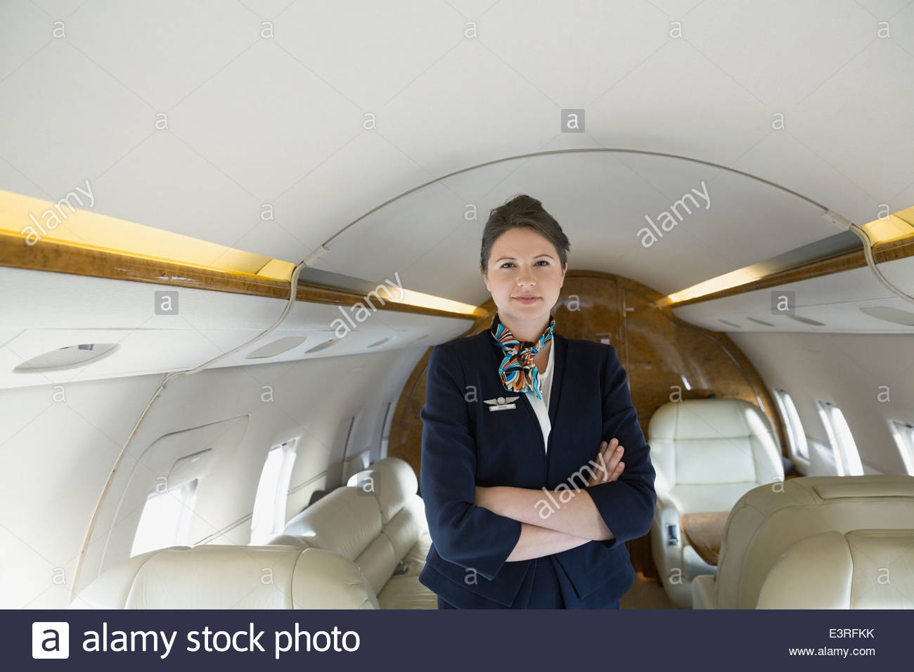 Portrait of confident flight attendant on corporate jet Stock Photo