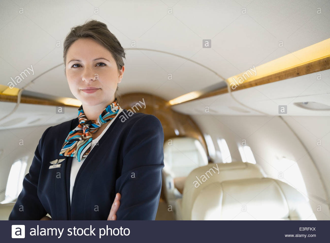 Portrait of confident flight attendant on corporate jet Stock Photo
