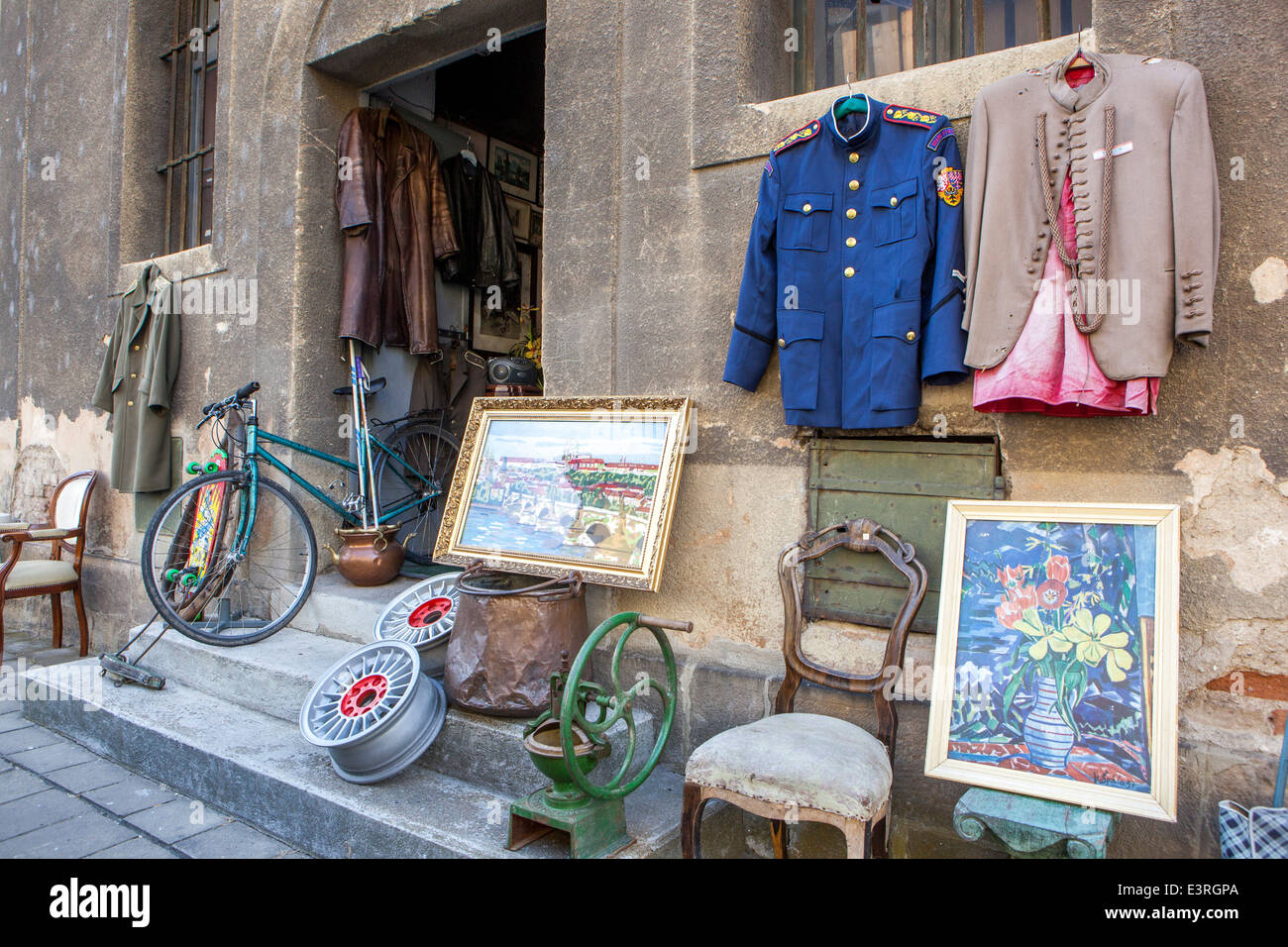 Terezin town Theresienstadt street in former Jewish ghetto Shop, bazaar, second-hand goods Czech Republic Stock Photo