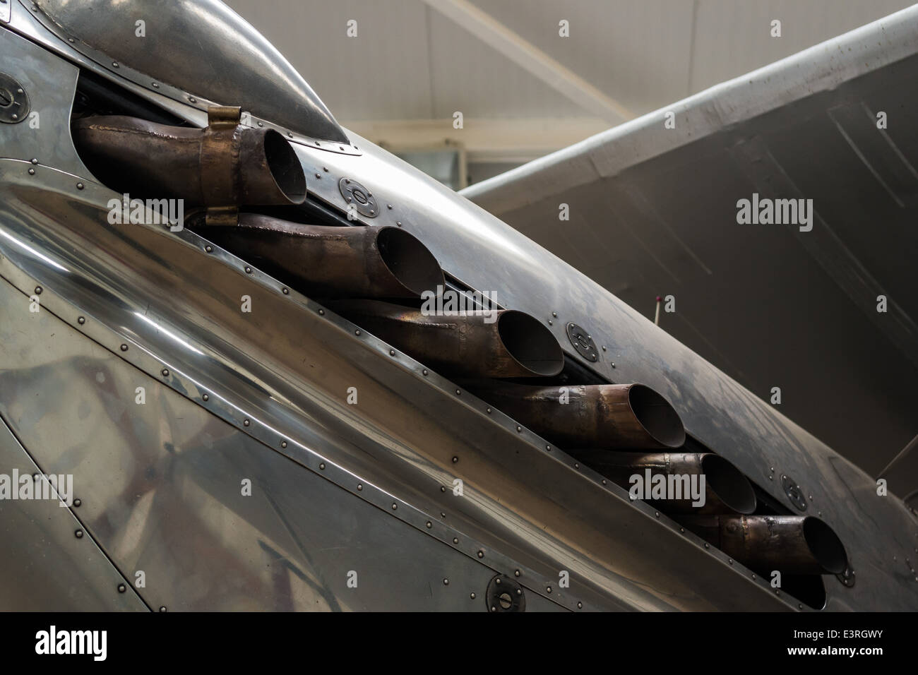 Detail of an exhaust on an aircraft fuselage on display at Shuttleworth