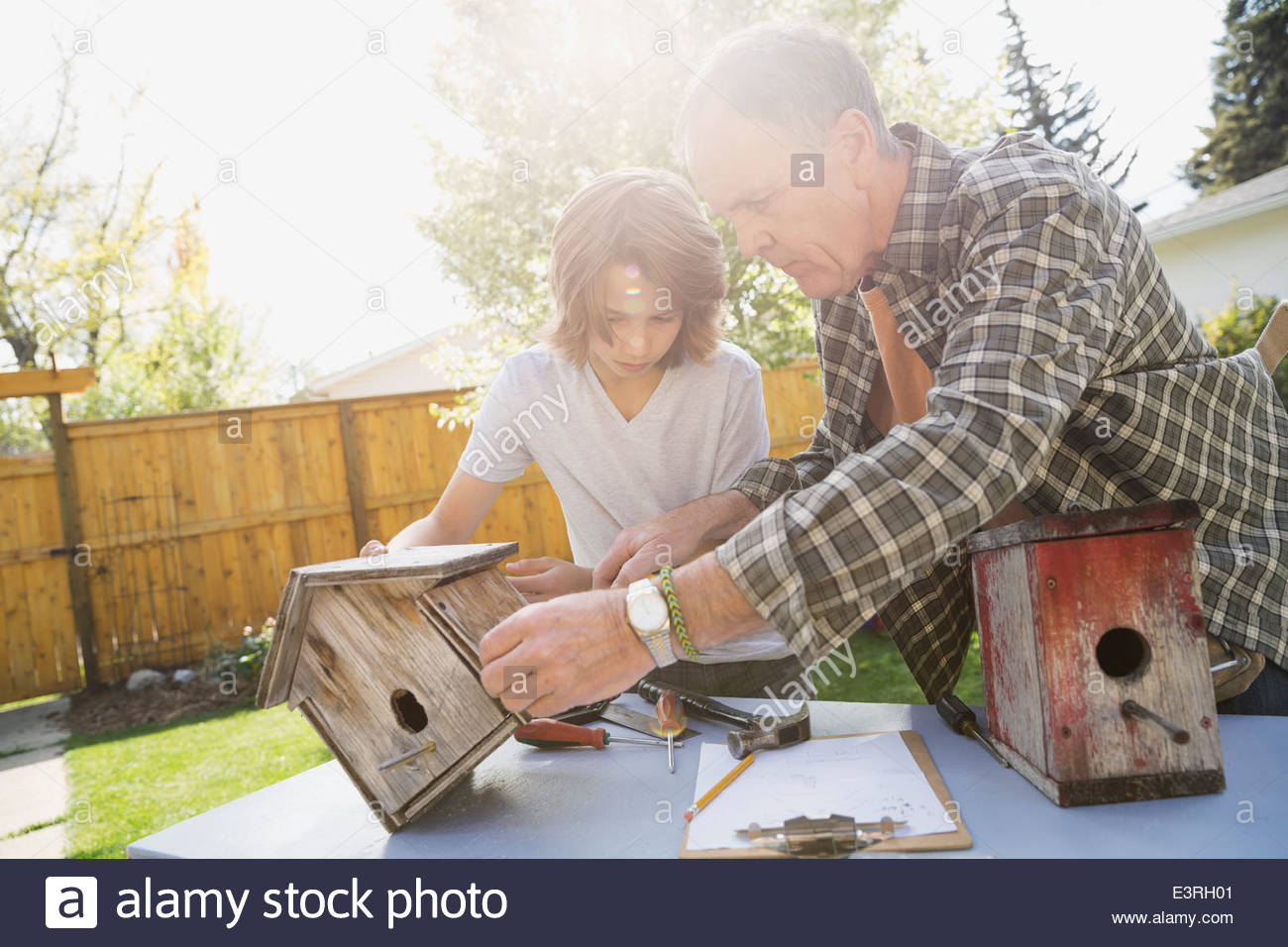 Grandfather and grandson making birdhouses in backyard Stock Photo