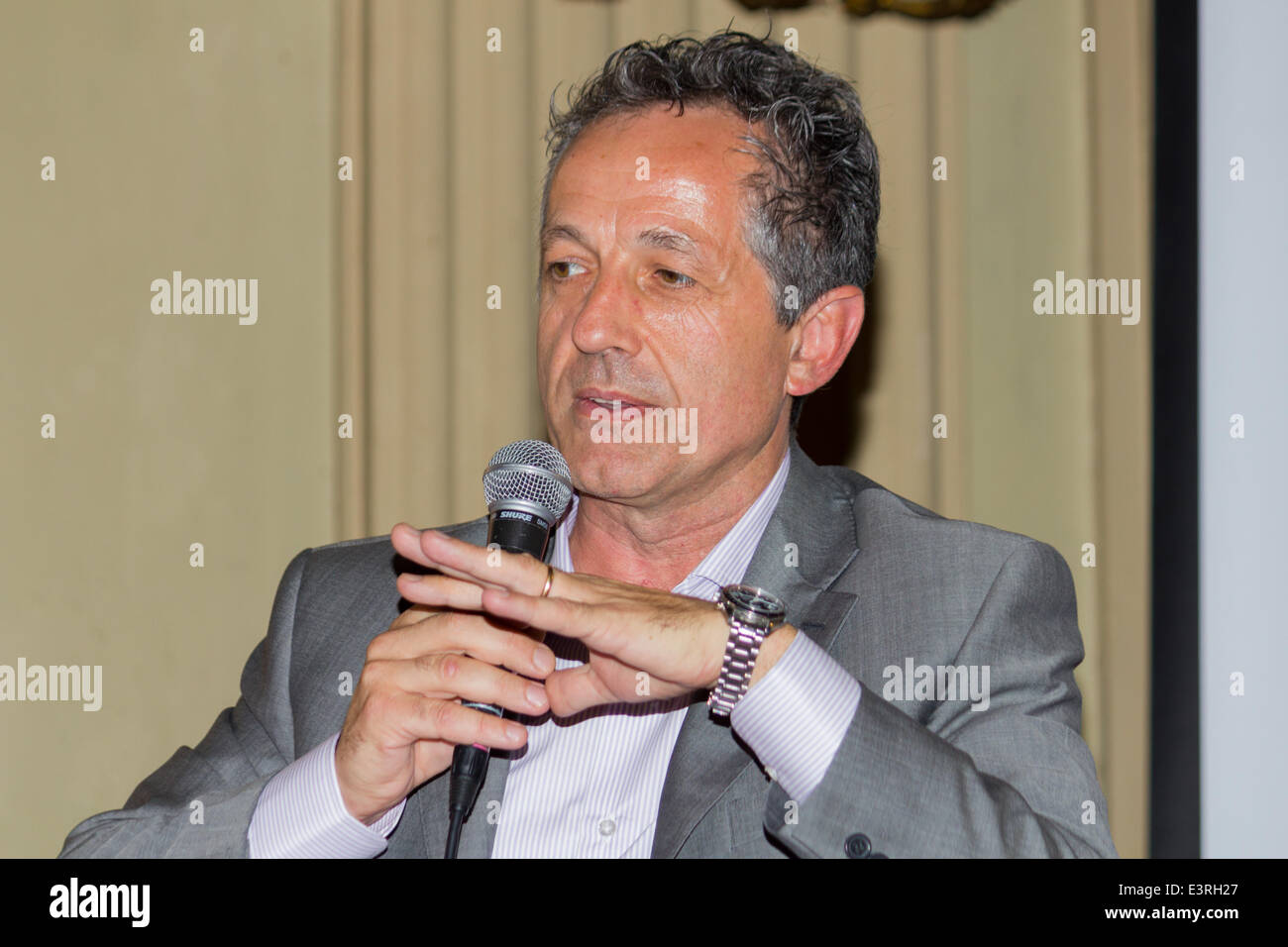 The Councillor for Agriculture Piedmont Region, Giorgio Ferrero during the press conference on the Agri-rock festival of literature and music or Collisioni Festival 2014 at Turin. The festival will be held at Barolo with this year's festival hosts, the legendary English band Deep Purple and the singer Neil Young. © Elena Aquila/Pacific Press/Alamy Live News Stock Photo