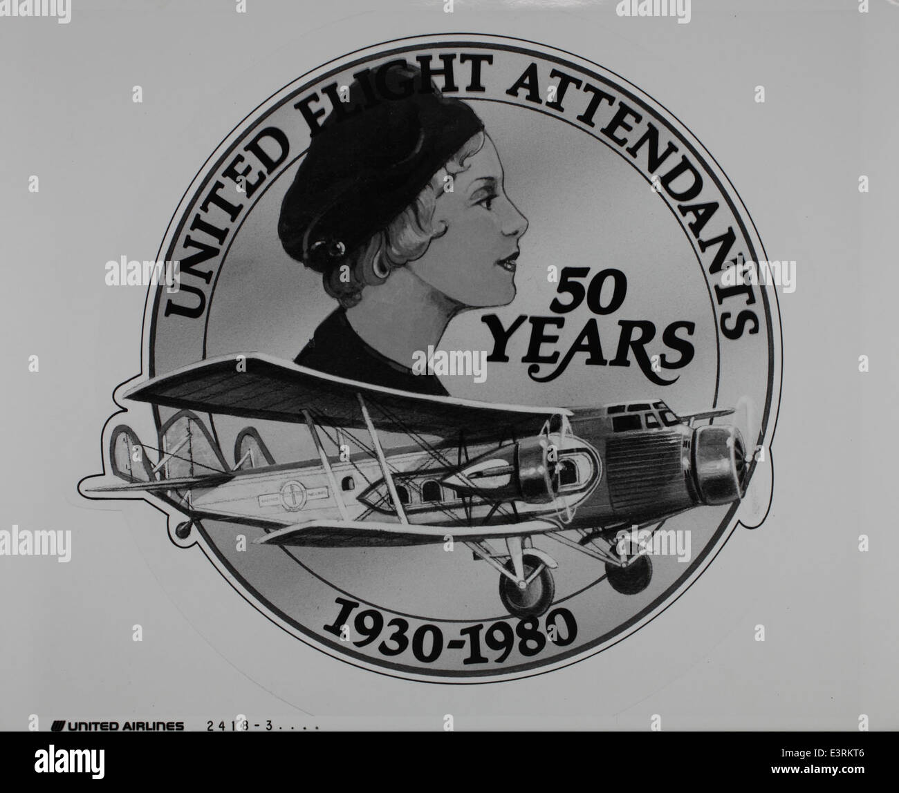 This image commemorates the 50th anniversary of United Flight Attendants in 1980, celebrating their contributions to aviation and the essential role they have played in the airline industry. United Air Lines' flight attendants continue to be vital in ensuring passenger safety and comfort. Stock Photo