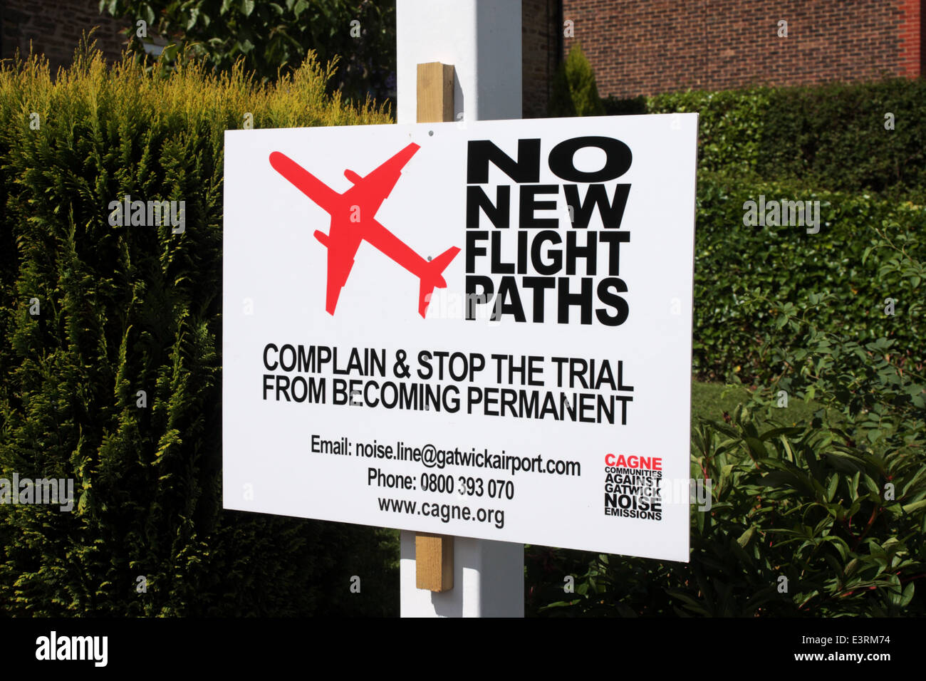 Sign supporting the campaign against new departure flight paths from Gatwick Airport in Warnham West Sussex UK Stock Photo