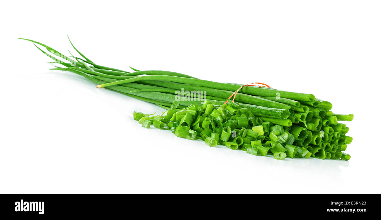 Fresh chives close up on white background Stock Photo