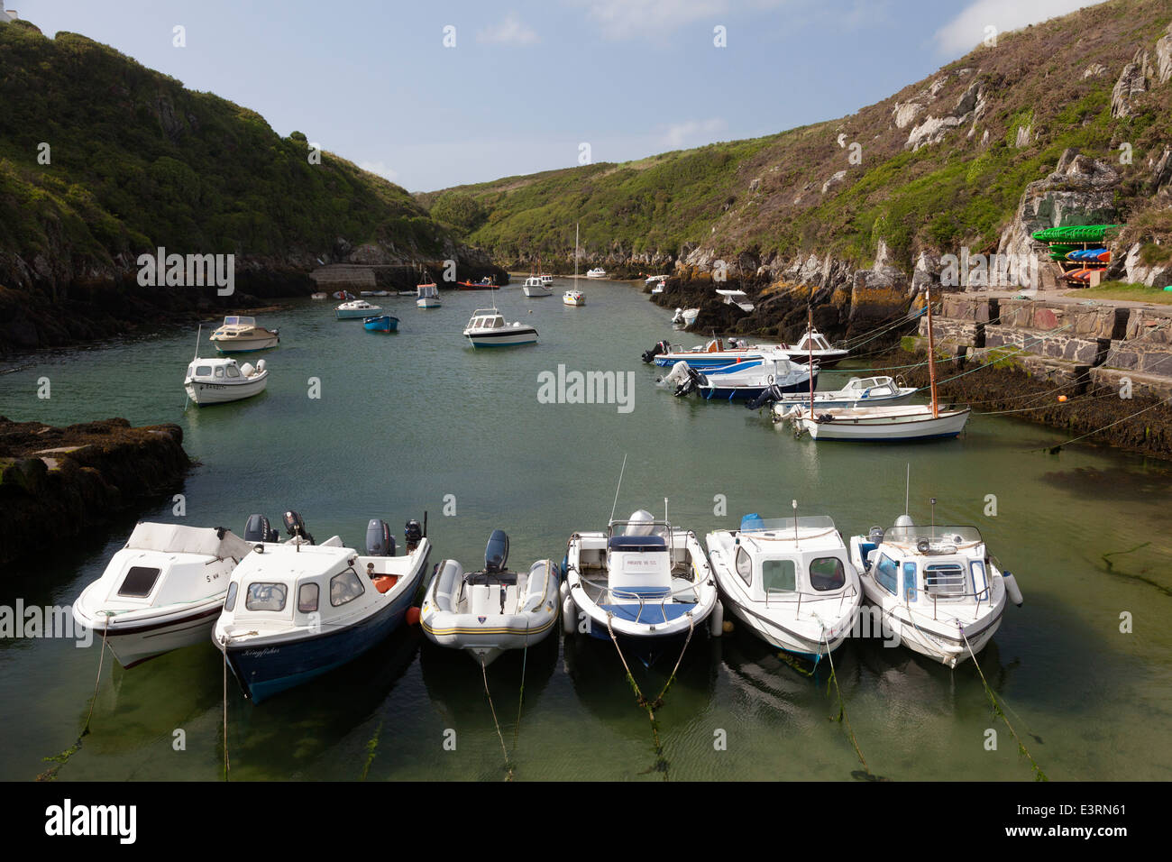 Small boats tied up in the harbour, Porthclais, Pembrokeshire Stock Photo