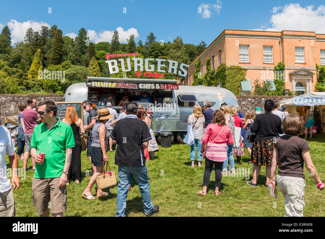 East Devon, June 21st 2014. A Garden Party and Fete has a converted American caravan Burger Bar on site for refreshments. Stock Photo