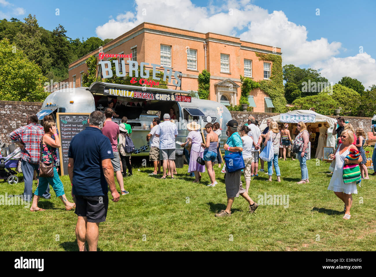 East Devon, June 21st 2014. A Garden Party and Fete has a converted American caravan Burger Bar on site for refreshments. Stock Photo