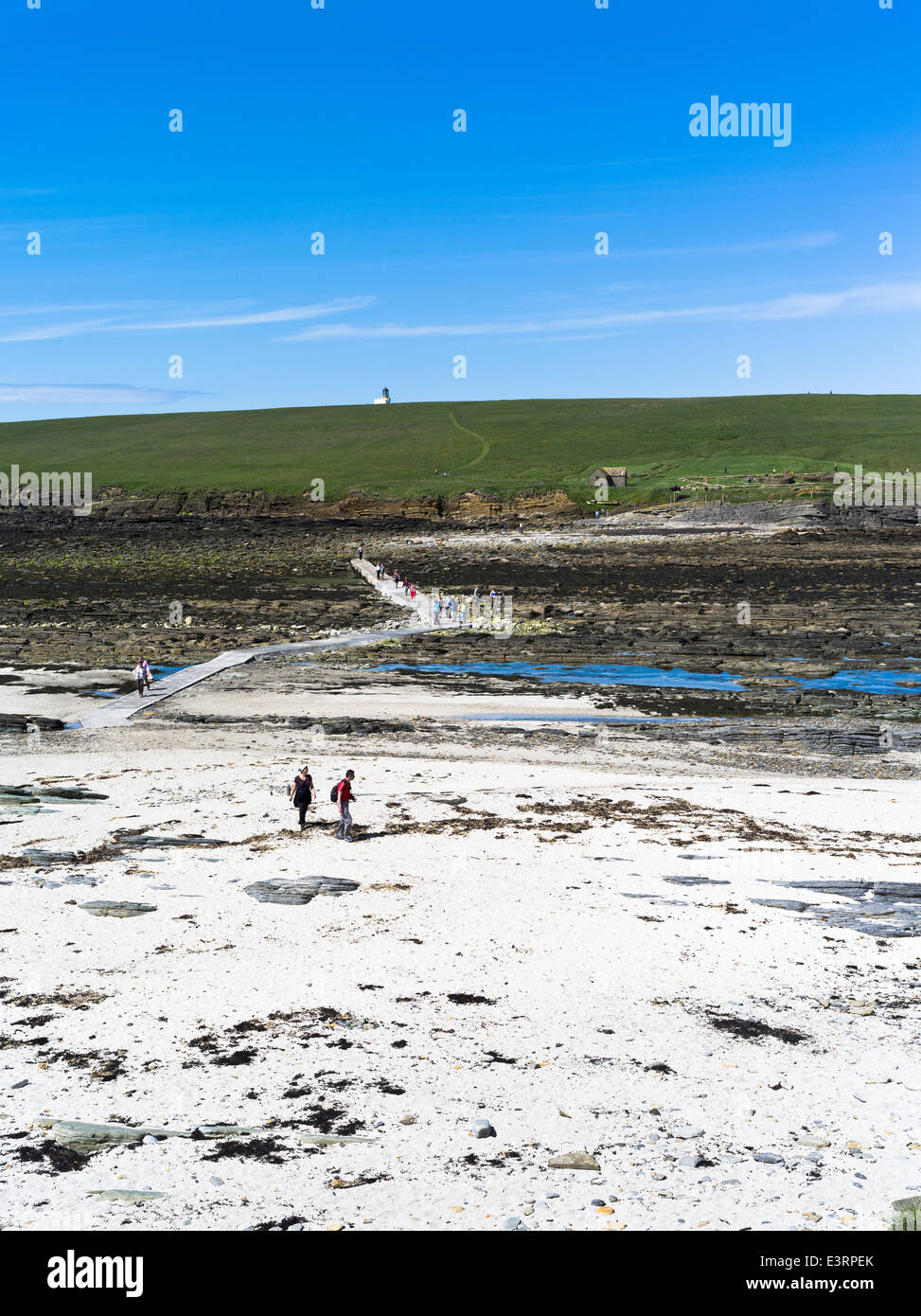 dh Brough of Birsay BIRSAY ORKNEY Tourists walking over causeway to lighthouse islands summer people scotland Stock Photo