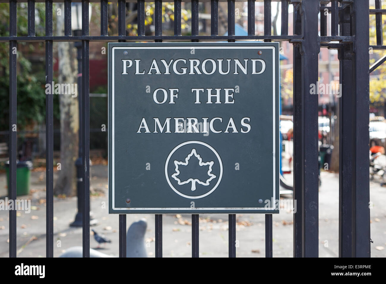 Sign for the Playground of the Americas, a park on the lower West Side of Manhattan, New York, NY, USA. Stock Photo