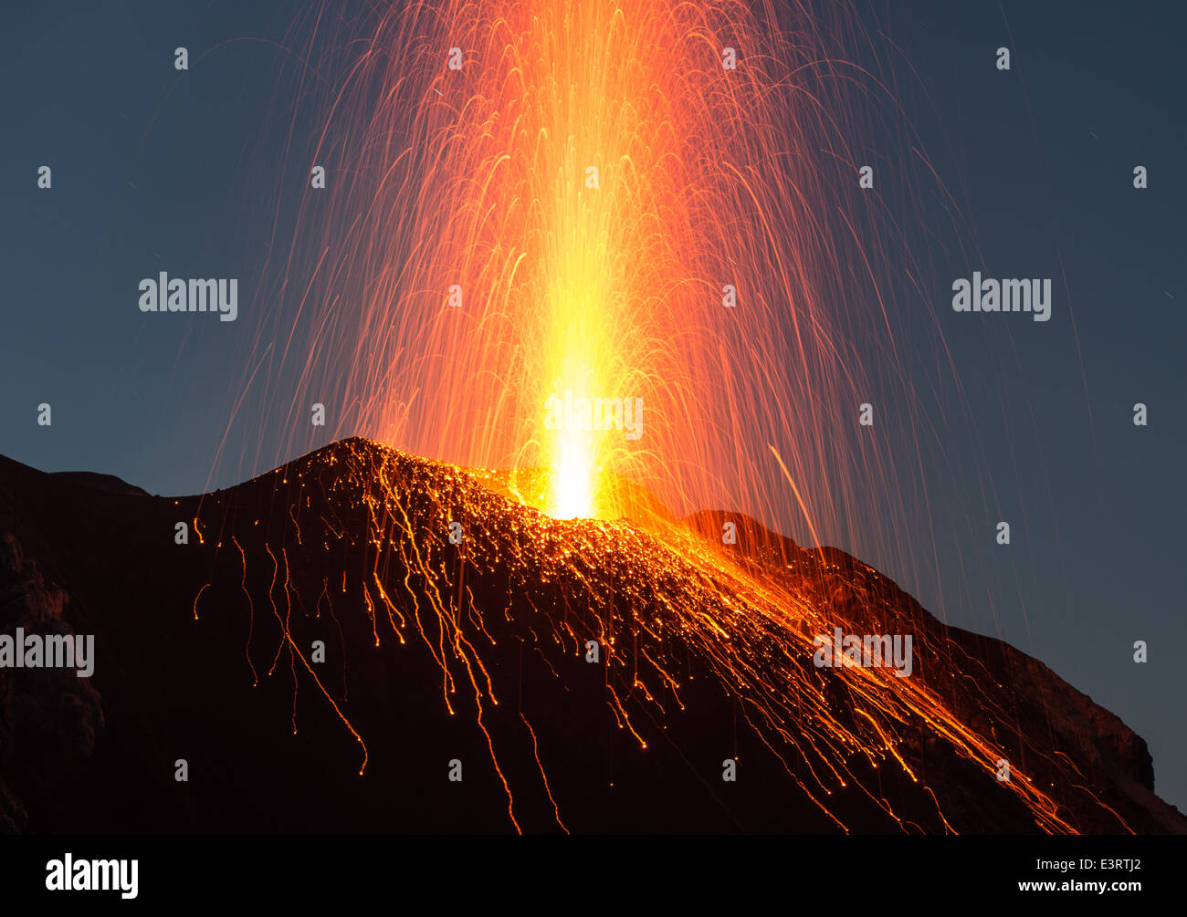 Volcanic eruption at Stromboli volcano, Eolian Islands strombolian eruptions and lava fountains