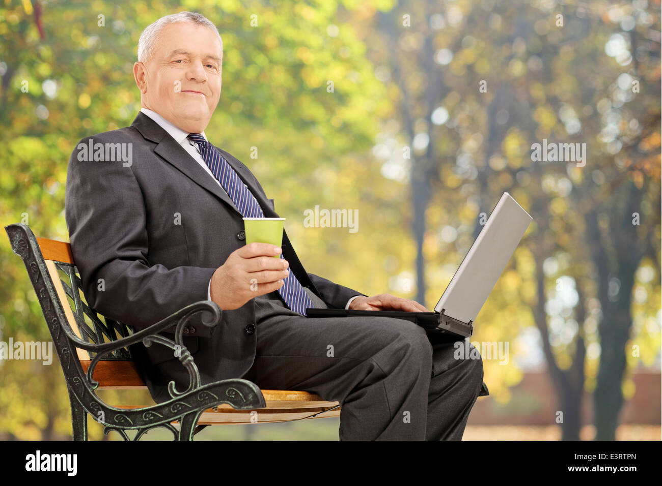 Mature businessman working on a laptop in a park Stock Photo - Alamy