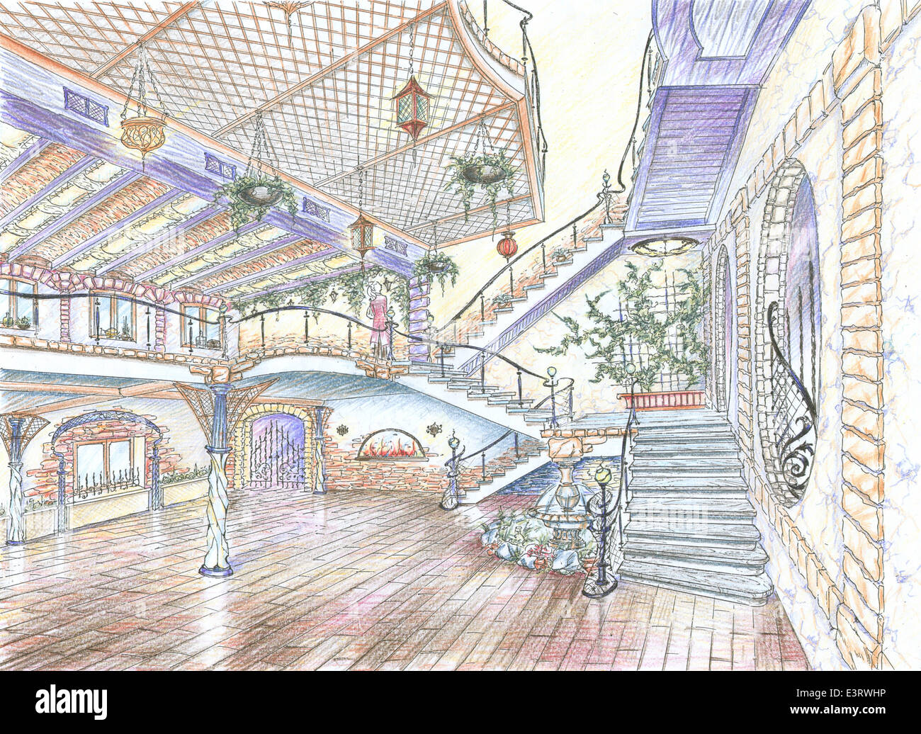 Interior of restaurant hall pictured by pencils Stock Photo - Alamy