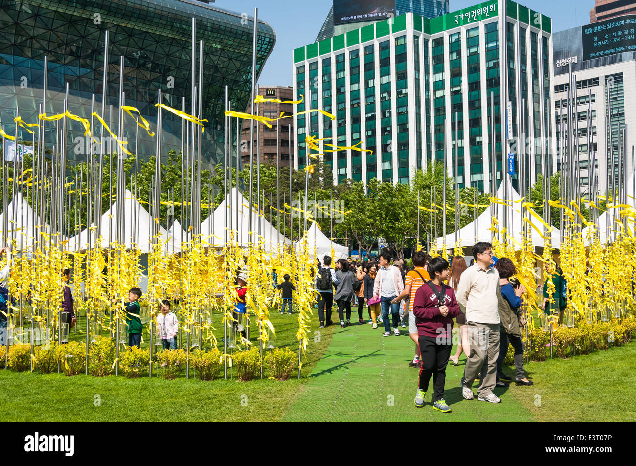 Yellow ribbons hang outside of Seoul City Hall on May 6, 2014 in memory