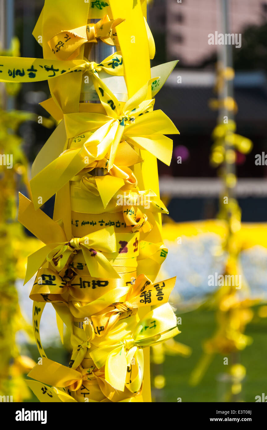 Yellow ribbons hang outside of Seoul City Hall on May 6, 2014 in memory