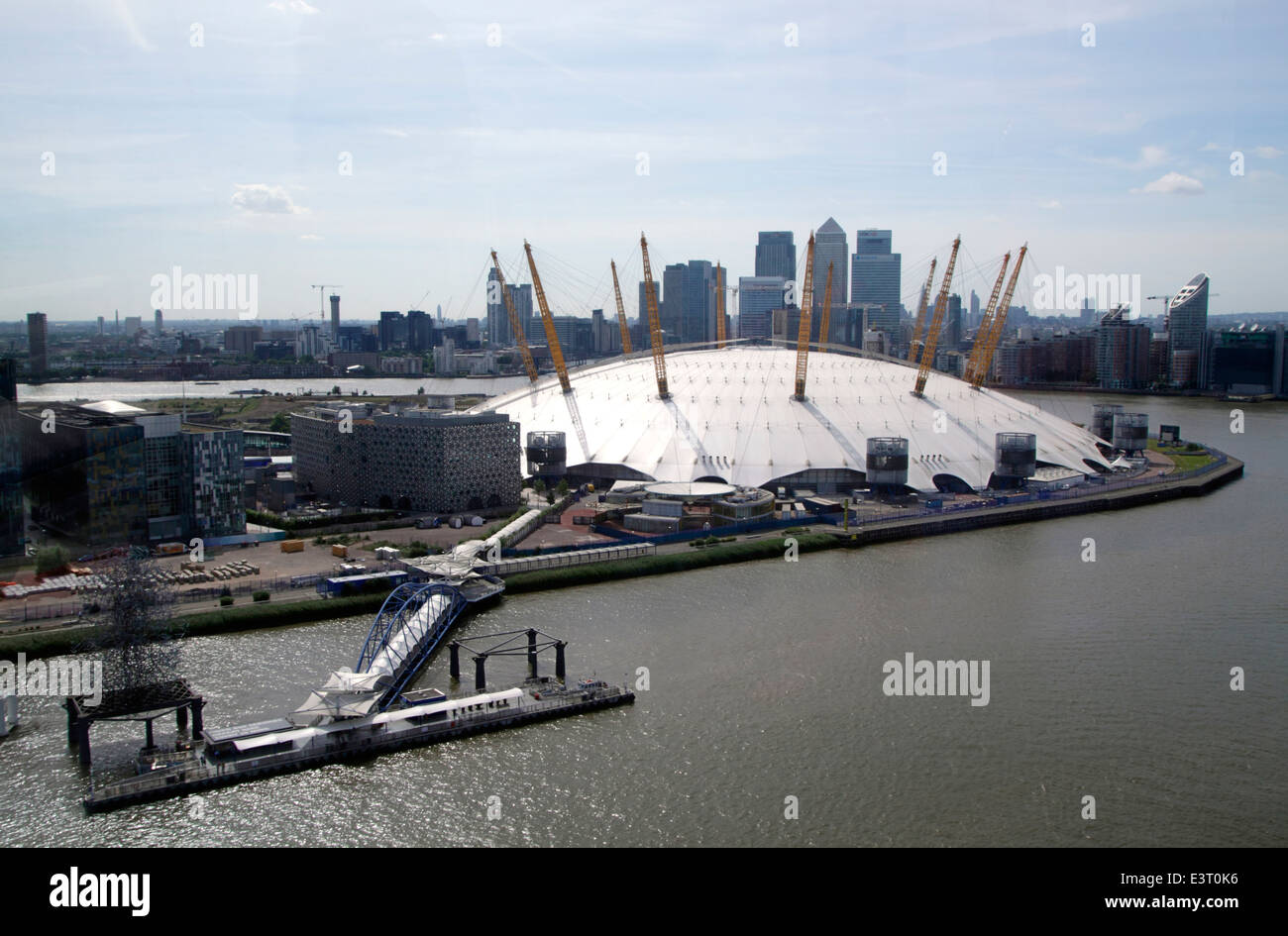 O2 Arena and London skyline aerial view from Emirates Air Line Cable Car Stock Photo