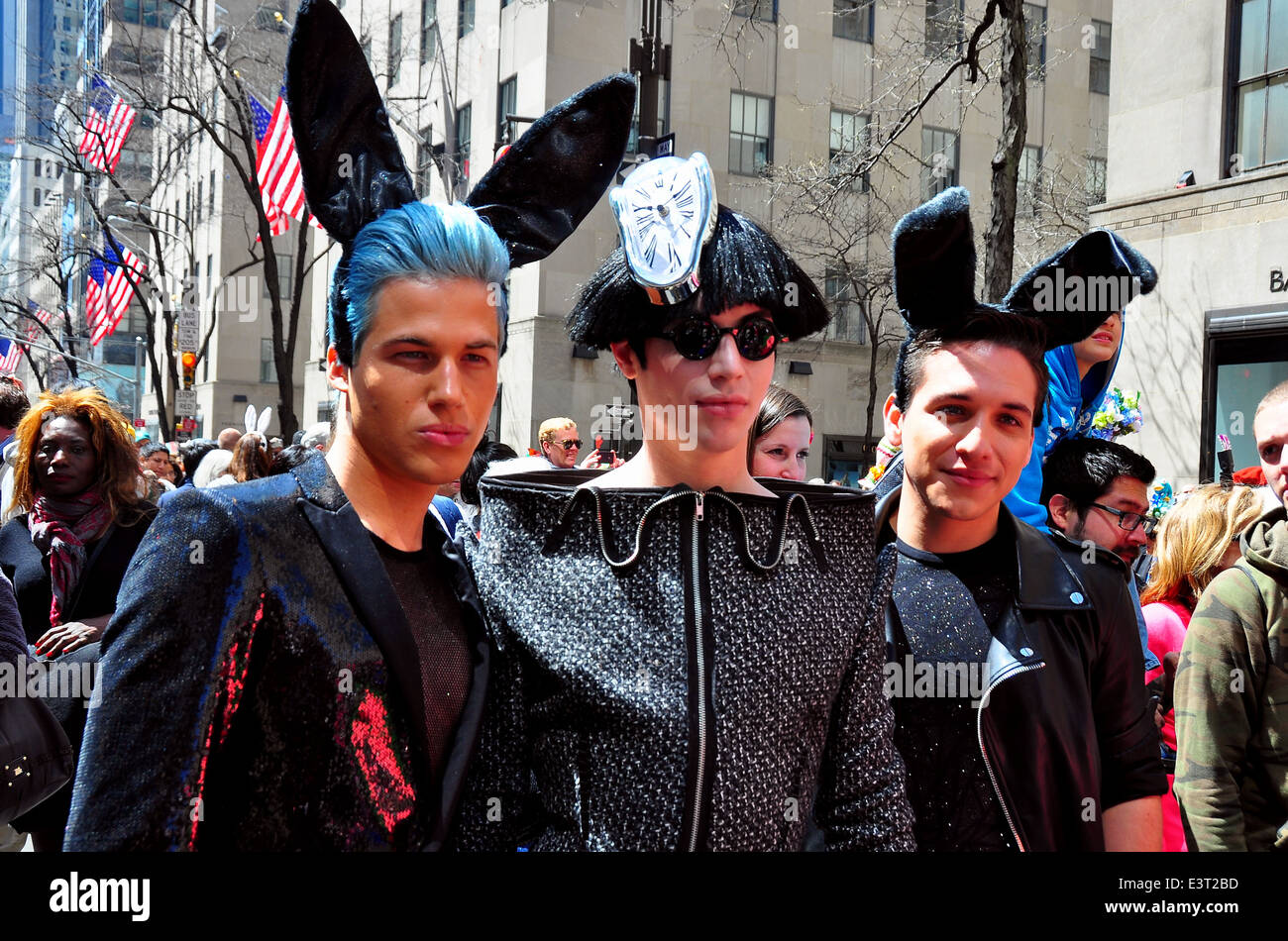 NYC: A trio of young men sporting bunny ears and bizarre costumes at the  2014 Easter Parade on Fifth Avenue * Stock Photo - Alamy