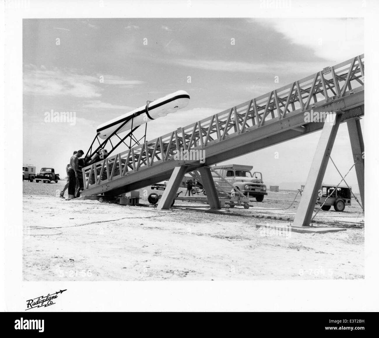 8-7645 Radioplane photo number, 1956-05-21 Q-4 ground launch rail test, print scan Stock Photo