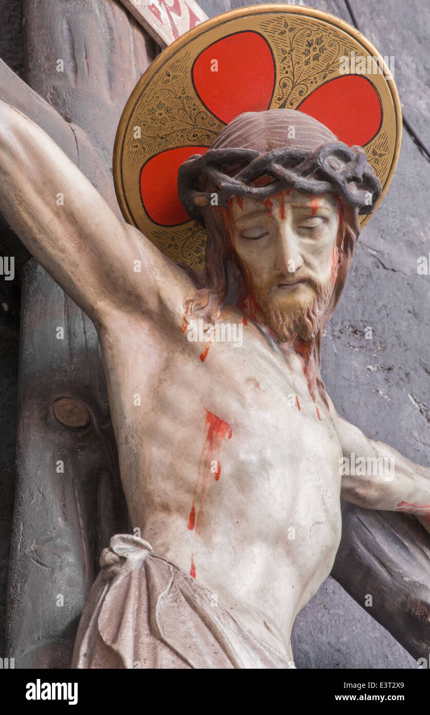 BRUGGE, BELGIUM - JUNE 12, 2014: The Crucifixion statue from st. Jocobs church (Jakobskerk). Stock Photo