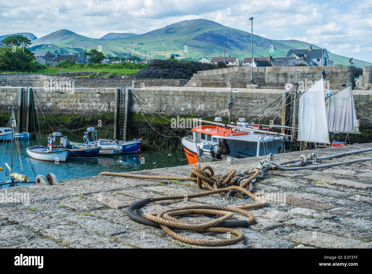 View of the Mourne Mountains as seen from Annalong Harbour, Co Down, Northern Ireland. Stock Photo
