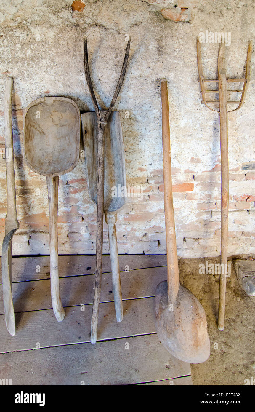 Antiques wood housetools for peasants use in the farm. Stock Photo