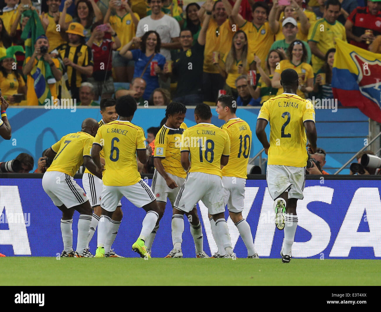 Rio De Janeiro, Brazil. 28th June, 2014. World Cup 2nd Round. Colombia versus Uruguay. James Rodriguez and Cuadrado celebrating after the Rodriguez goal for 2-0 Credit:  Action Plus Sports/Alamy Live News Stock Photo