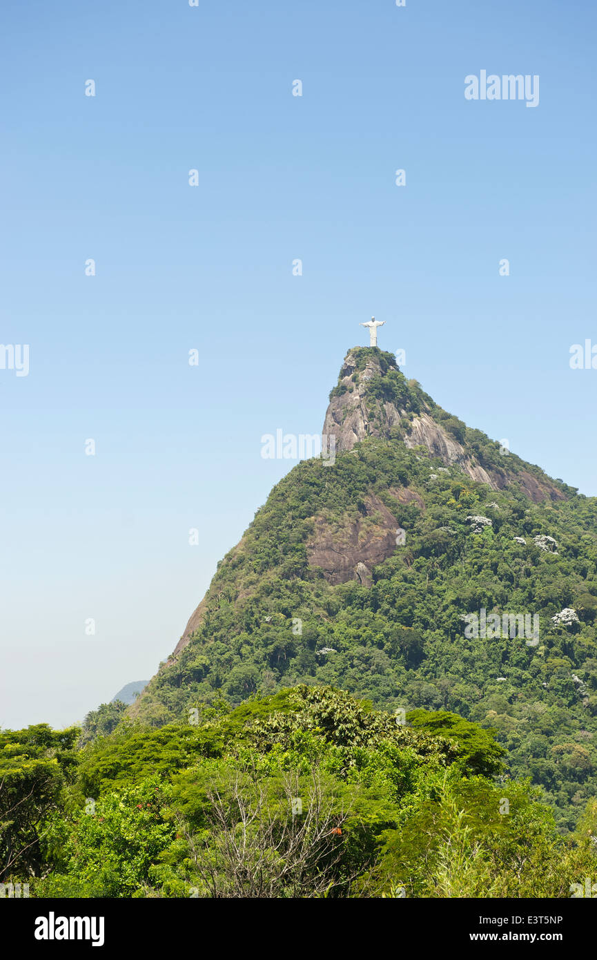 Corcovado mountain Christ the Redeemer standing at the top of green jungle in Rio de Janeiro Brazil Stock Photo