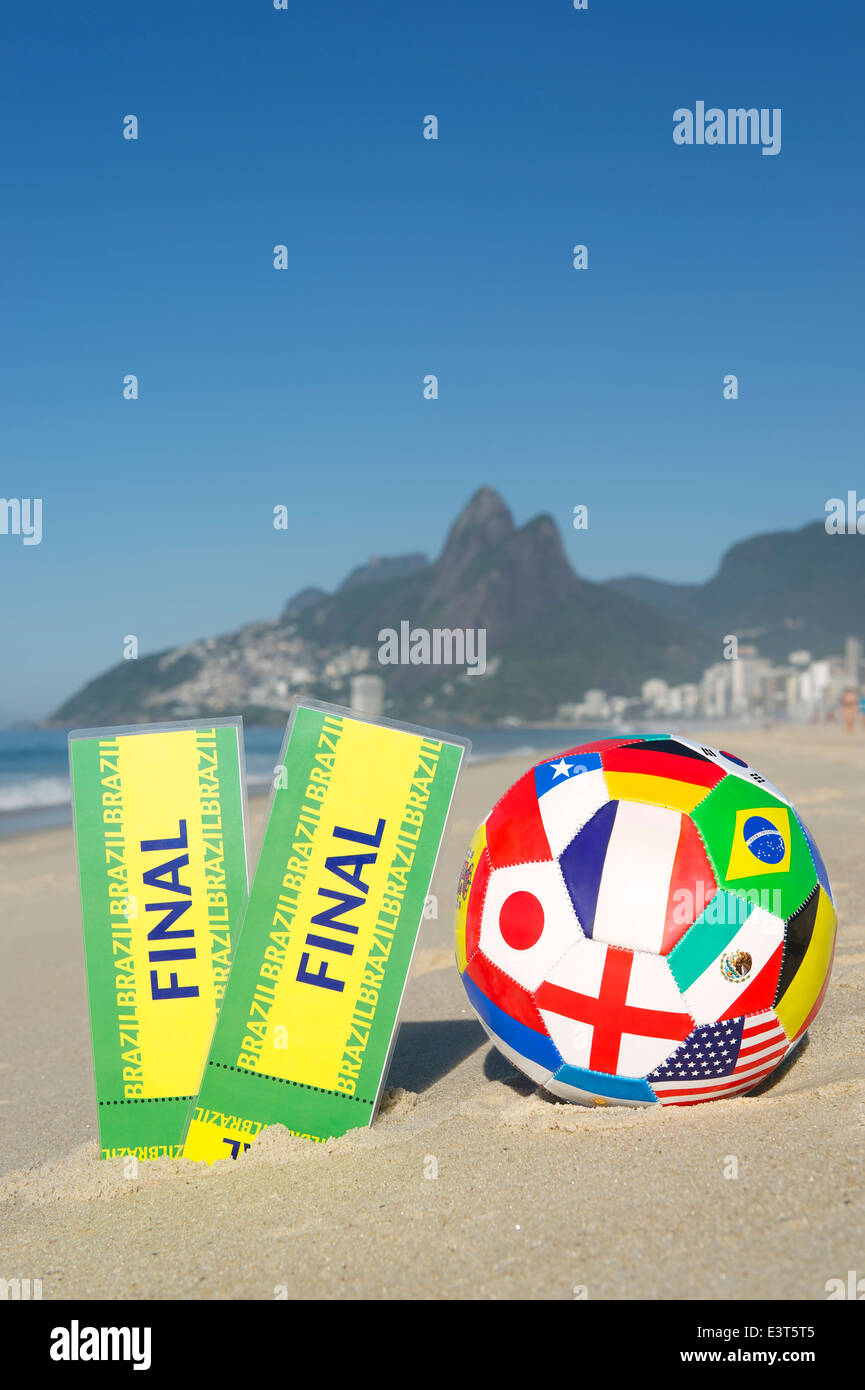 Final tickets with with international flag team football Ipanema Beach Rio de Janeiro Brazil Stock Photo