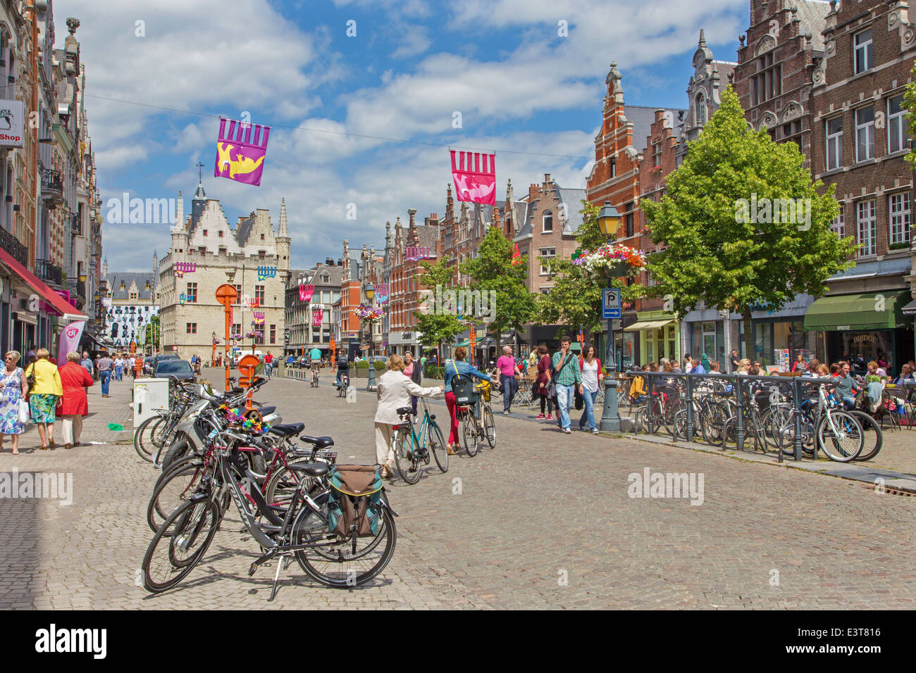 MECHELEN, BELGIUM - JUNE 14, 2014: IJzerenleen street or square with the gothic building of Groot Begijnhof (Large Beguinage) Stock Photo