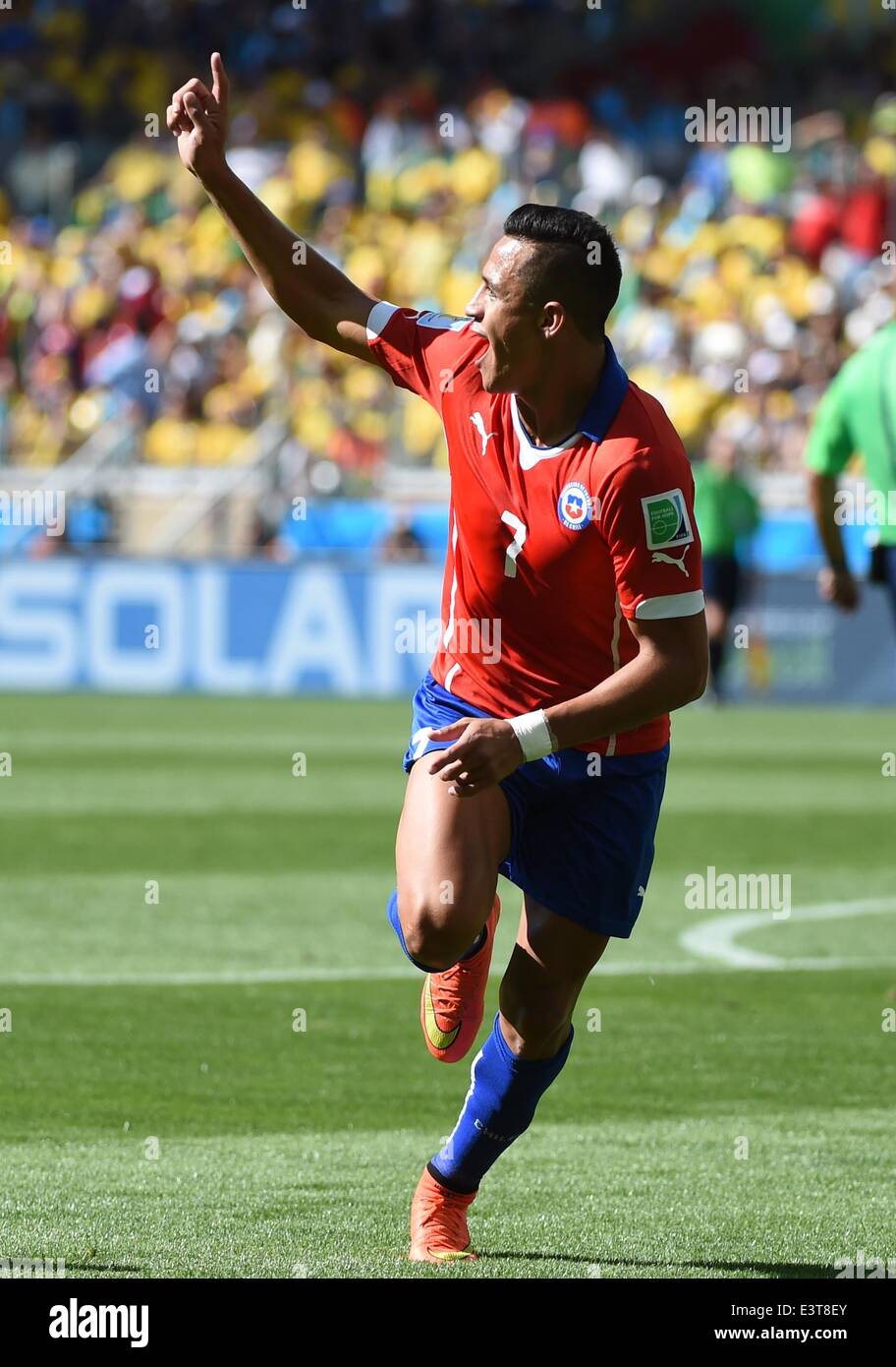 Belo Horizonte, Brazil. 28th June, 2014. Chile's Alexis Sanchez celebrates the goal during a Round of 16 match between Brazil and Chile of 2014 FIFA World Cup at the Estadio Mineirao Stadium in Belo Horizonte, Brazil, on June 28, 2014. Credit:  Liu Dawei/Xinhua/Alamy Live News Stock Photo