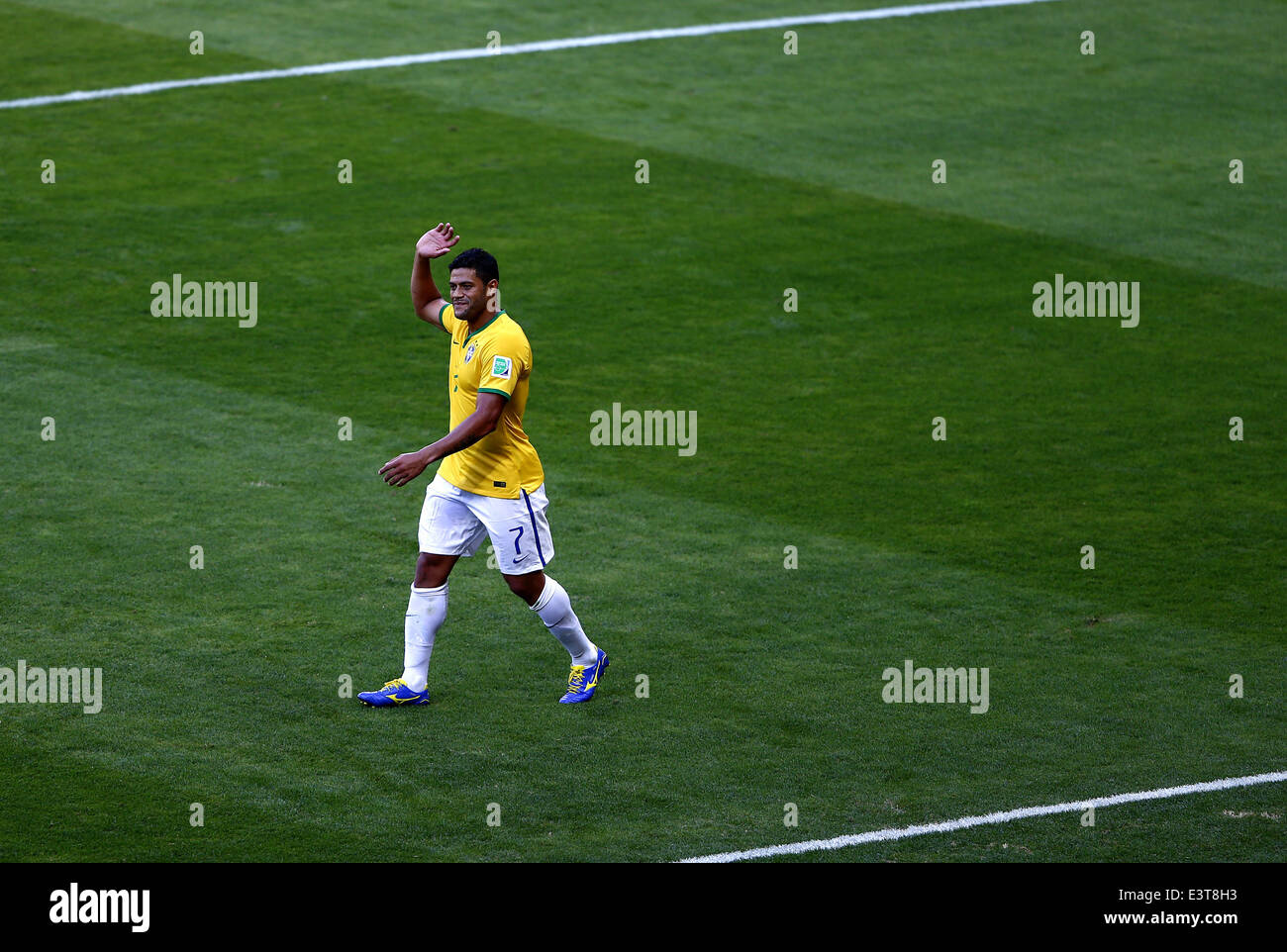 Belo Horizonte, Brazil. 28th June, 2014. Brazil's Hulk reacts as his goal being nullified during a Round of 16 match between Brazil and Chile of 2014 FIFA World Cup at the Estadio Mineirao Stadium in Belo Horizonte, Brazil, on June 28, 2014. Credit:  Liu Bin/Xinhua/Alamy Live News Stock Photo