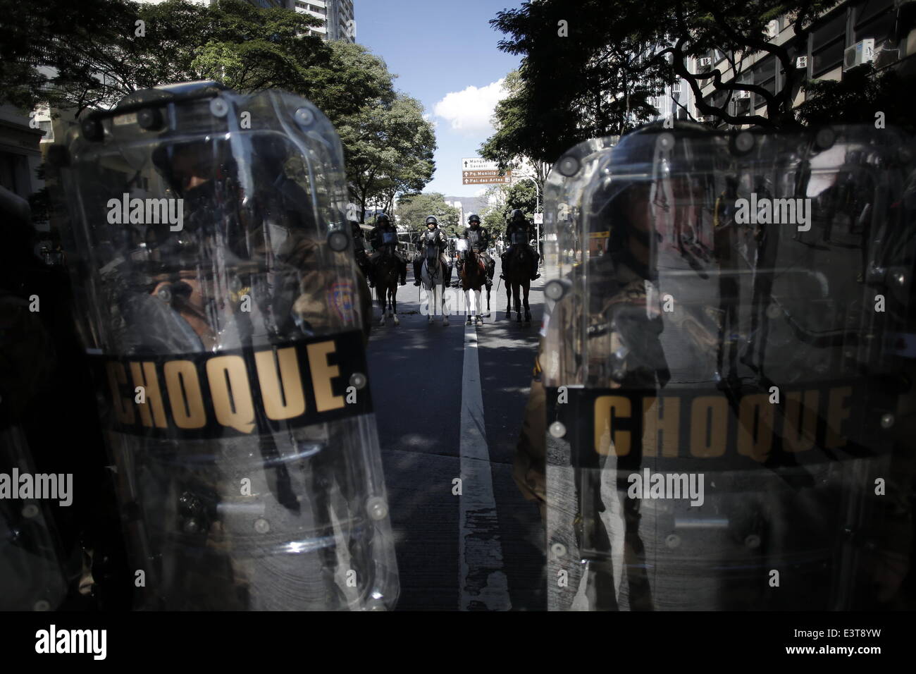 Belo Horizonte, Brazil. 28th June, 2014. Riot police guard on a street during a protest against FIFA World Cup in Sao Paulo, Brazil, on June 28, 2014. Credit:  Mauricio Valenzuela/Xinhua/Alamy Live News Stock Photo