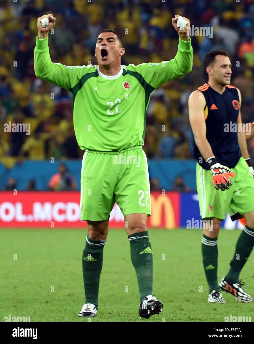 Rio De Janeiro, Brazil. 28th June, 2014. Colombia's goalkeeper Faryd Mondragon celebrates the victory after a Round of 16 match between Colombia and Uruguay of 2014 FIFA World Cup at the Estadio do Maracana Stadium in Rio de Janeiro, Brazil, on June 28, 2014. Colombia won 2-0 over Uruguay on Saturday. Credit:  Wang Yuguo/Xinhua/Alamy Live News Stock Photo